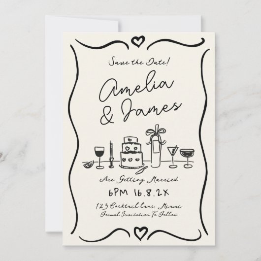 Fun Hand Drawn Save the date Eigenzinnige bruiloft Kaart (Voorkant)