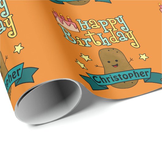 Fun Happy Birthday Potato - Gepersonaliseerd Cadeaupapier (Rol Hoek)
