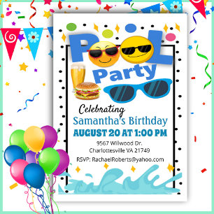 Fun Happy Face Birthday Pool Party Invitation Kaart