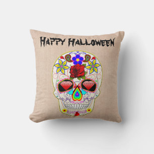 Fun Happy Halloween Floral Sugar Skull Kussen