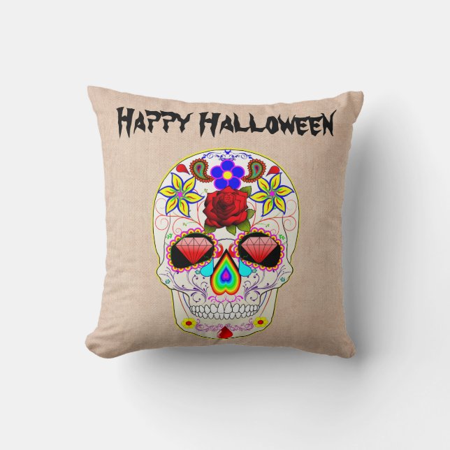 Fun Happy Halloween Floral Sugar Skull Kussen (Voorkant)