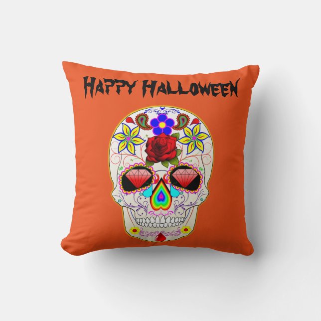 Fun Happy Halloween Floral Sugar Skull Kussen (Voorkant)