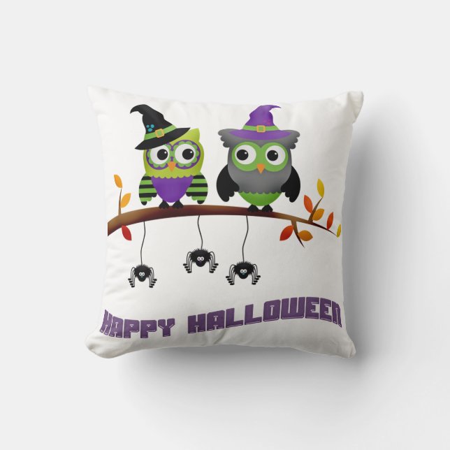 Fun Happy Halloween Pair van Owl met Spiders Kussen (Voorkant)
