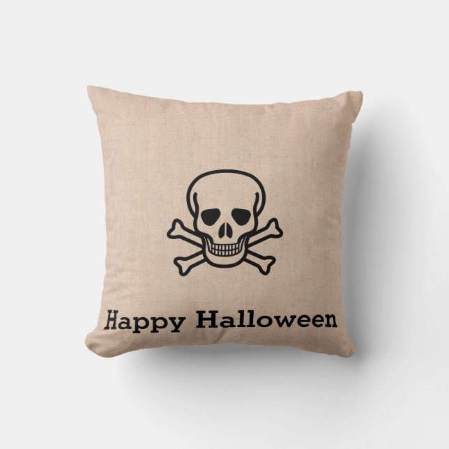 Fun Happy Halloween Skeleton Burlap Kussen (Voorkant)