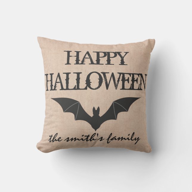 Fun Happy Halloween Trick or treat Bat Burlap Kussen (Voorkant)