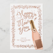 Fun Happy New Year Script Roos Champagne Confetti Folie Feestdagenkaart (Voorkant)