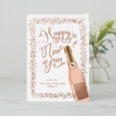 Fun Happy New Year Script Roos Champagne Confetti Folie Feestdagenkaart (Staand Voorkant)