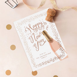 Fun Happy New Year Script Roos Champagne Confetti Folie Feestdagenkaart