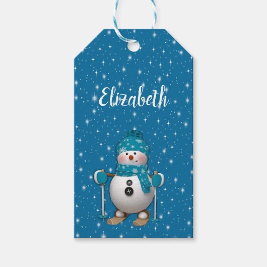 Fun Happy Skiing Snowman Cadeaulabel (Voorkant)