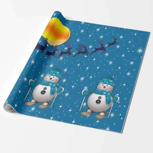 Fun Happy Skiing Snowman Cadeaupapier (Uitgerold)
