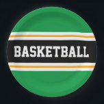 Fun Helder Groen Zwart Geel BASKETBAL Strepen Papieren Bordje<br><div class="desc">Dit sportieve ontwerp is voorzien van gedurfde BASKETBALL tekst in een brede zwarte horizontale midden race streep gemarkeerd met twee zwevende witte strepen tegen heldere kelly groene buitenste strepen. De tekst kan gepersonaliseerd worden.</div>