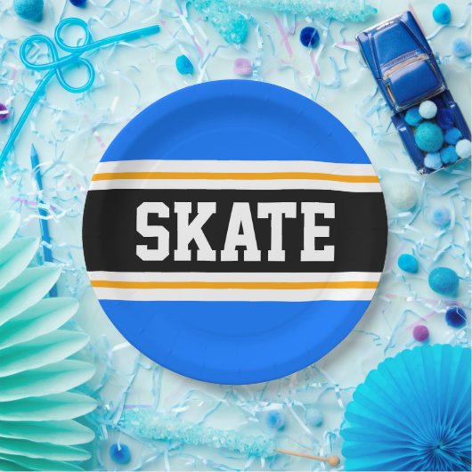 Fun Helderblauw Zwart Geel SCHAATS Racing Stripes Papieren Bordje (Feest)