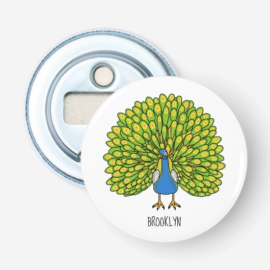 Fun heldere pauw vogelillustratie button flesopener (Voorkant)