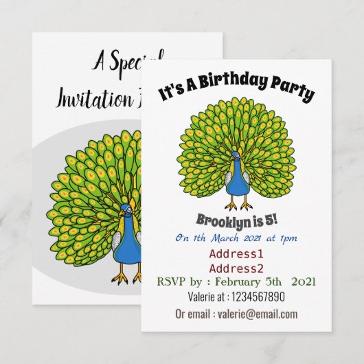 Fun heldere pauw vogelillustratie kaart (Voorkant / Achterkant)