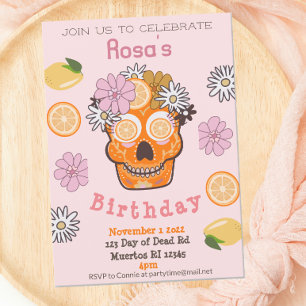 Fun Herfst Pink Sugar Skull Birthday Uitnodiging