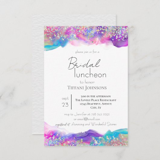 Fun Holographic Ink Glitter Bridal Luncheon Kaart (Voorkant / Achterkant)