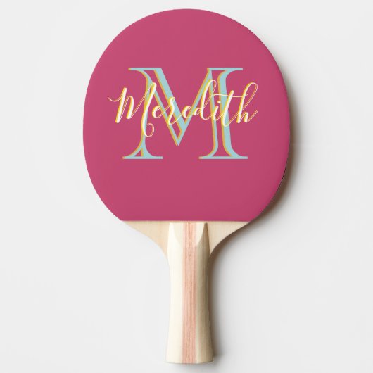 Fun Hot Pink Blue Yellow Custom Monogram Name Tafeltennisbatje (Voorkant)