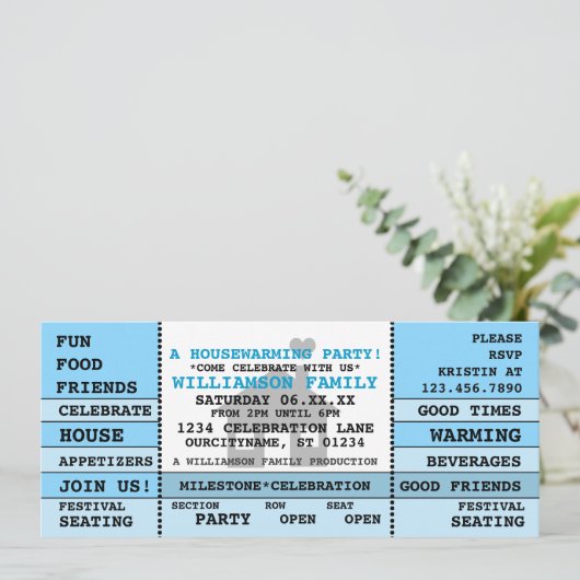 Fun Housewarming Ticket Style Uitnodiging (Staand voorkant)