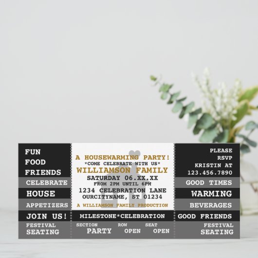 Fun Housewarming Ticket Style Uitnodiging (Staand voorkant)