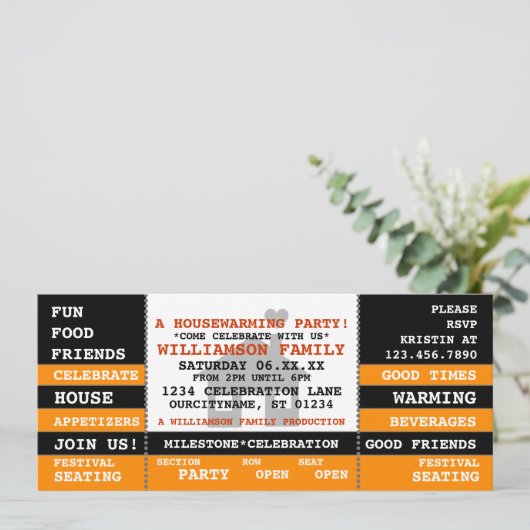 Fun Housewarming Ticket Style Uitnodiging (Staand voorkant)