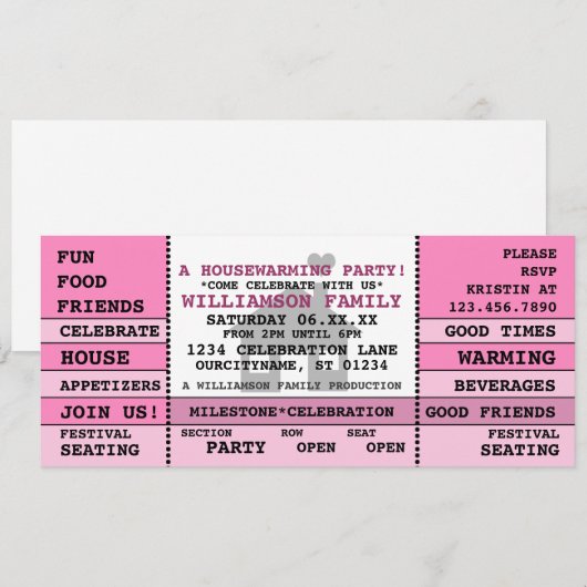 Fun Housewarming Ticket Style Uitnodiging (Voorkant / Achterkant)