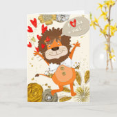 Fun I love you - Cartoon Lion and Hearts Kaart (Gele Bloem)