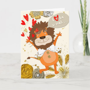 Fun I love you - Cartoon Lion and Hearts Kaart