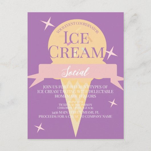 Fun Ice Cream Social Flyer Invitation Paars Briefkaart (Voorkant)
