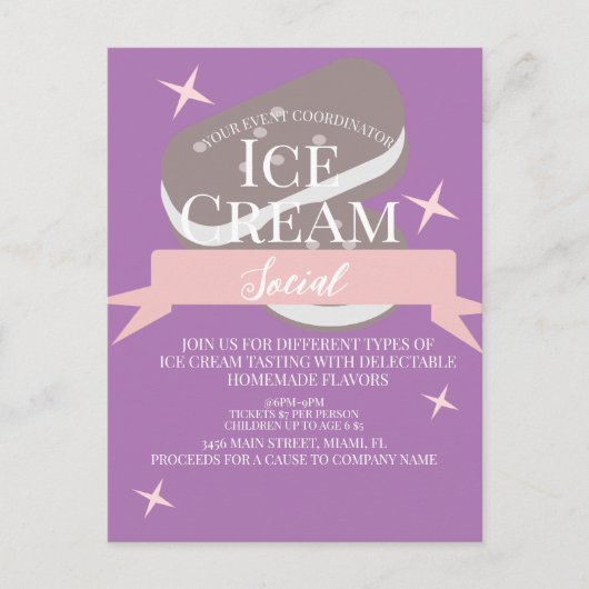 Fun Ice Cream Social Flyers Invitation Paars Briefkaart (Voorkant)