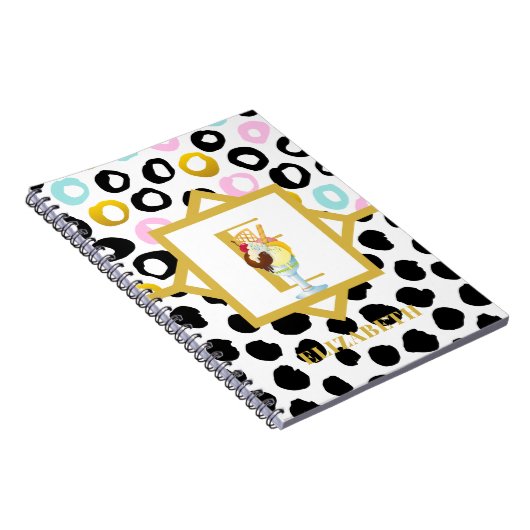 Fun Icecream Sundae Black Pink Monogram Girls Notitieboek (Rechterzijde)
