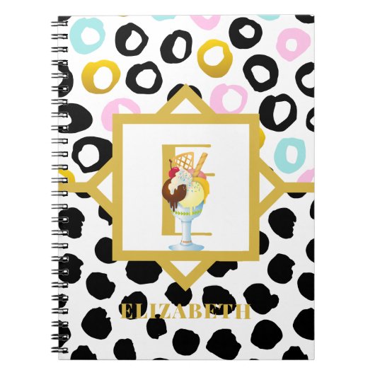 Fun Icecream Sundae Black Pink Monogram Girls Notitieboek (Voorkant)