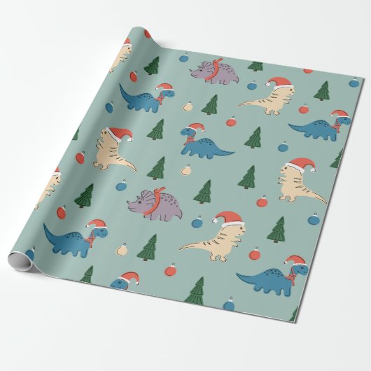 FUN ILLUSTRATION CHRISTMAS DINOSAUR GIFT WRAPPING CADEAUPAPIER (Uitgerold)