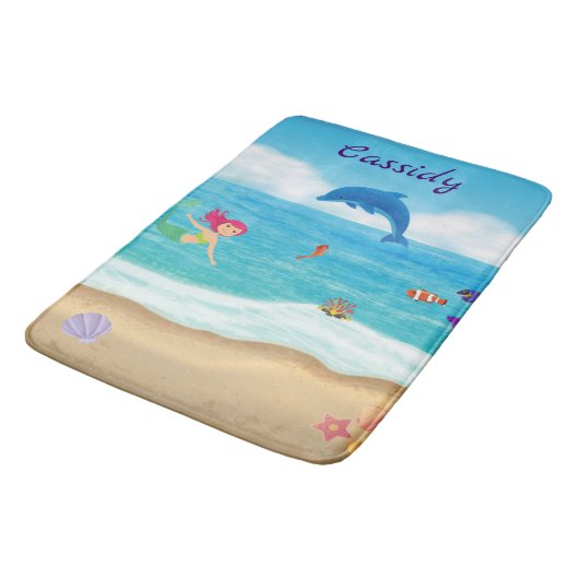 Fun in Sun Mermaid Dolphin Beach gepersonaliseerd Badmat (Gekanteld)