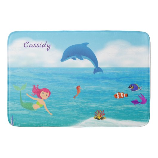 Fun in Sun Mermaid Dolphin Beach gepersonaliseerd Badmat (Voorkant)