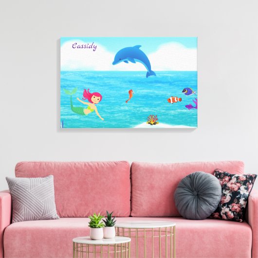 Fun in Sun Mermaid Dolphin Beach gepersonaliseerd Canvas Afdruk (Insitu (Woonkamer))