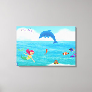 Fun in Sun Mermaid Dolphin Beach gepersonaliseerd Canvas Afdruk