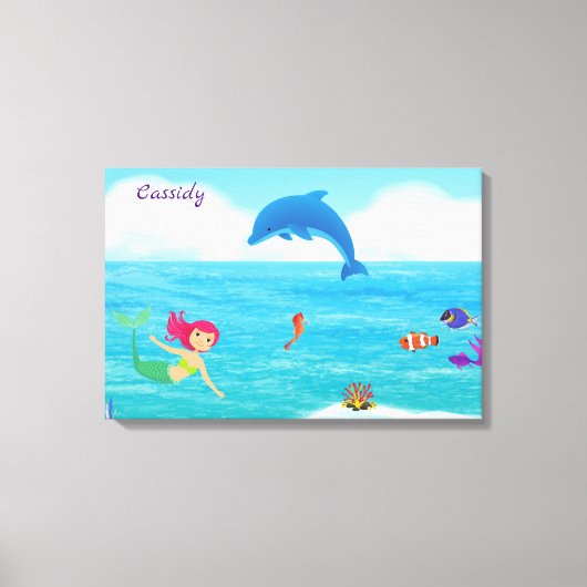 Fun in Sun Mermaid Dolphin Beach gepersonaliseerd Canvas Afdruk (Voorkant)