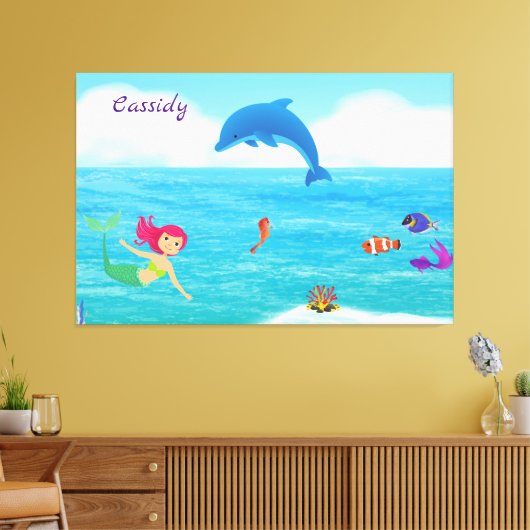 Fun in Sun Mermaid Dolphin Beach gepersonaliseerd Canvas Afdruk (Insitu (Woonkamer))