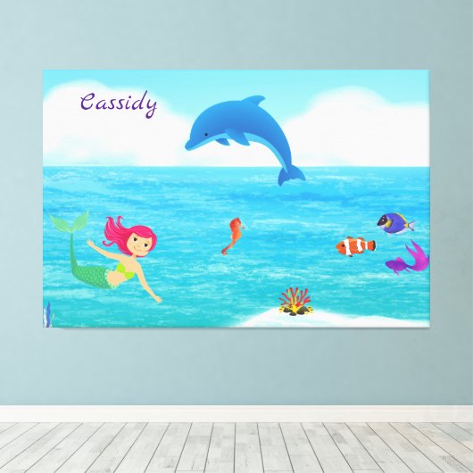 Fun in Sun Mermaid Dolphin Beach gepersonaliseerd Canvas Afdruk (Insitu (Houten vloer))