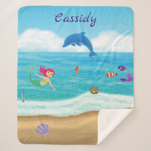 Fun in Sun Mermaid Dolphin Beach gepersonaliseerd Sherpa Deken