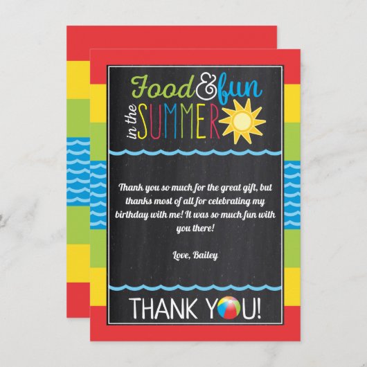 Fun in Sun Pool Party Birthday Chalkboard Bedankkaart (Voorkant / Achterkant)