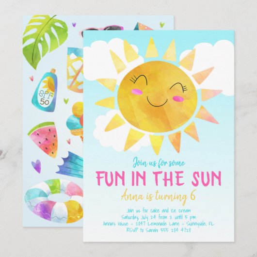 Fun in the Sun Birthday Party Invitation Kaart (Voorkant / Achterkant)