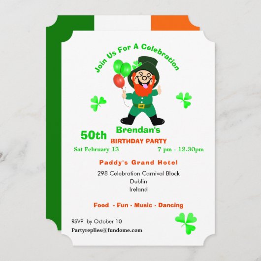 Fun Irish Leprechaun Birthday Party Invite Kaart (Voorkant / Achterkant)