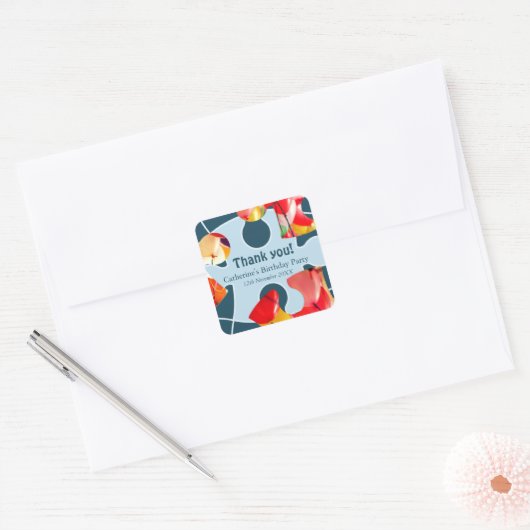 Fun Jigsaw Puzzle Kids Birthday Party Thank You! Vierkante Sticker (Envelop)