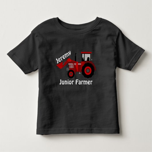 Fun "Junior Farmer" en "Name" Red Loader Tractor Kinder Shirts (Voorkant)