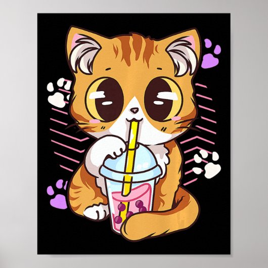 Fun Kawaii Cute Cat Boba Bubble Milk Tea Anime Nek Poster (Voorkant)