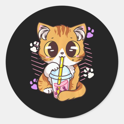Fun Kawaii Cute Cat Boba Bubble Milk Tea Anime Nek Ronde Sticker (Voorkant)