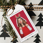 Fun kerst | Moderne foto voor afspeelgeluid aan de Cadeaulabel<br><div class="desc">Een leuke feestelijke fotocadeaulabel met hedendaagse typografie "Prettige feestdagen" en jouw naam in het zwart op een schone, eenvoudige, minimalistische witte achtergrond met een eenvoudige zwarte rand. De foto, de naam en de groet kunnen gemakkelijk voor een persoonlijke aanraking worden aangepast. Een eenvoudig, minimalistisch en hedendaags kerstontwerp om dit vakantieseizoen...</div>