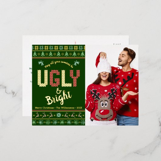 Fun kerstfoto Nordic Ugly Sweater Real Gold Folie Feestdagen Briefkaart (Voorkant / Achterkant)