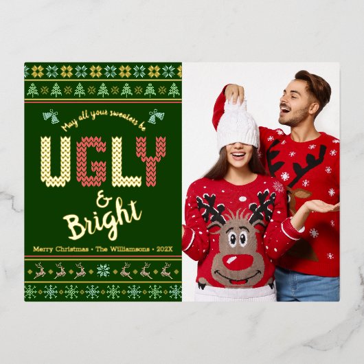 Fun kerstfoto Nordic Ugly Sweater Real Gold Folie Feestdagen Briefkaart (Voorkant)